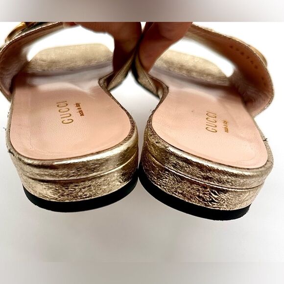 Gucci Marmont Double G Slide Sandals Gold Metallic Leather GG Flat EU 36 US 6 - Picture 12 of 12